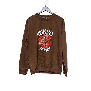 NEW! Romwe Brown Long Sleeve Koi Fish Graphic TOKYO T-Shirt Men's Size Large